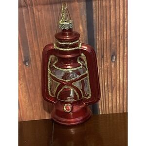 Vintage Oil Lamp Ornament –Blown Glass Lantern Red Christmas Tree Ornament Decor